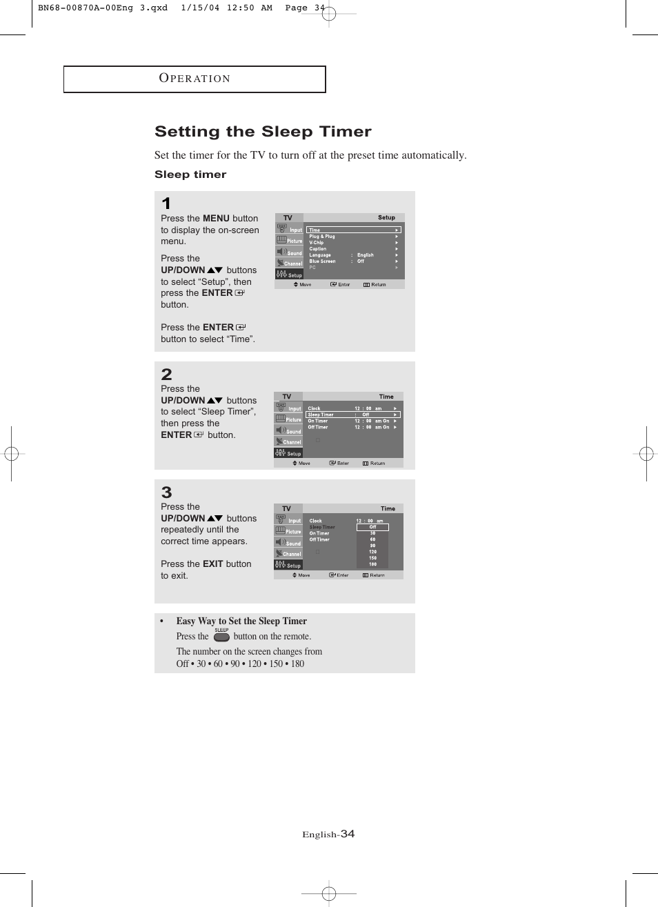 Setting the sleep timer, Sleep timer | Samsung LNR1742X-XAA User Manual | Page 39 / 66