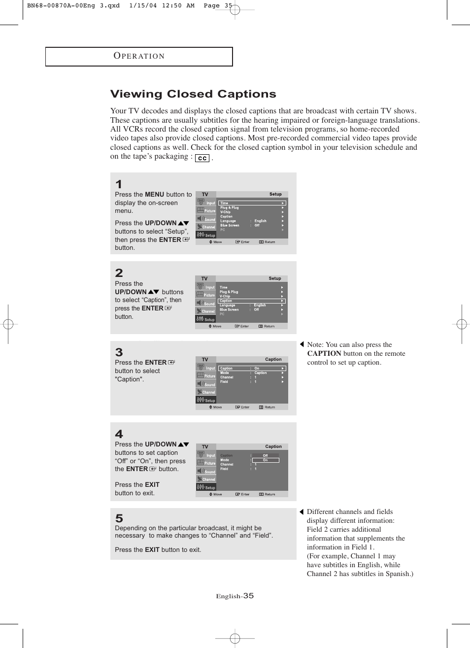 Viewing closed captions | Samsung LNR1742X-XAA User Manual | Page 40 / 66