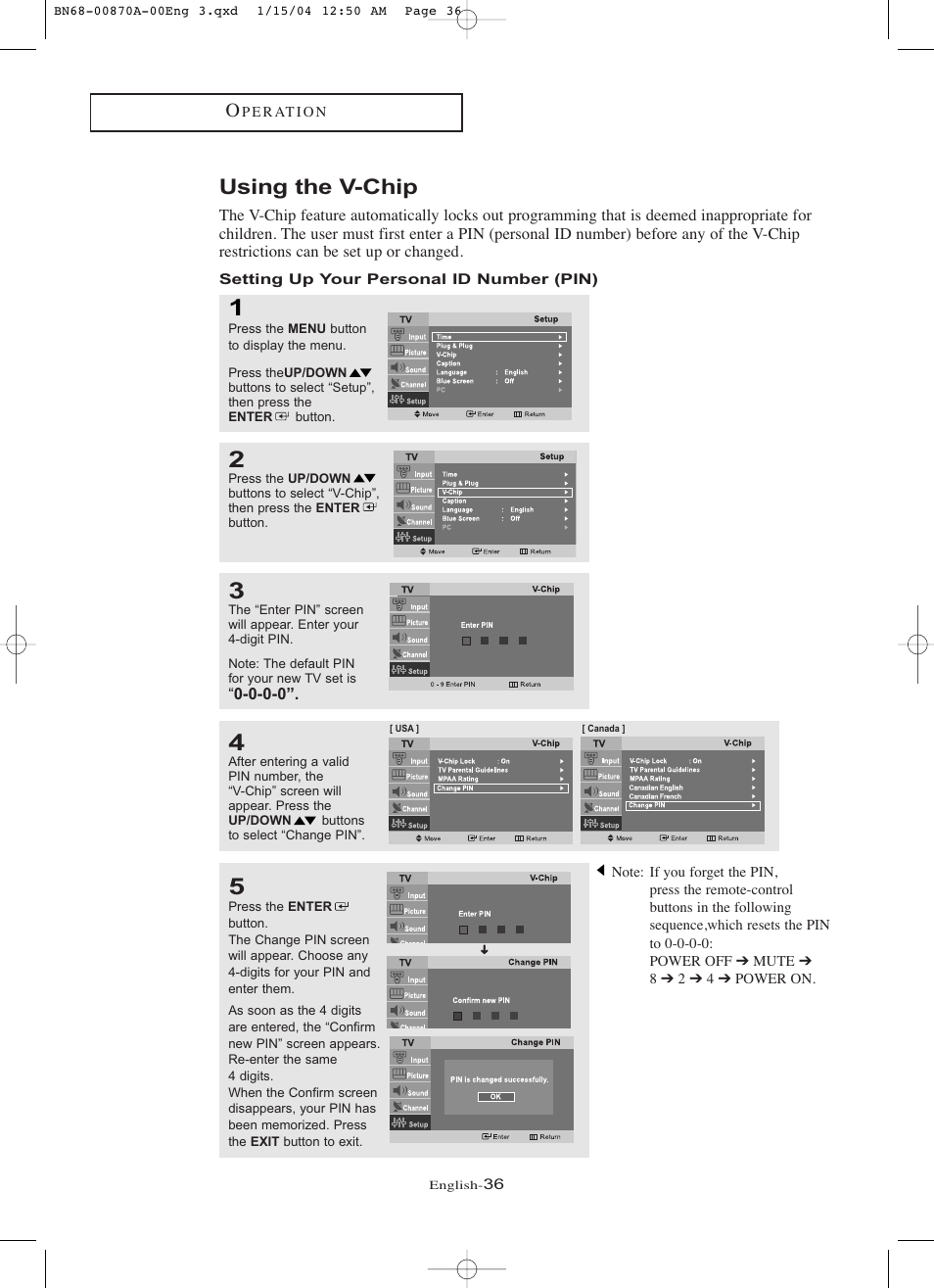 Using the v-chip, Setting up your personal id number (pin) | Samsung LNR1742X-XAA User Manual | Page 41 / 66