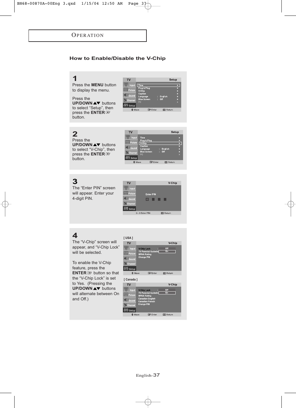 How to enable/disable the v-chip | Samsung LNR1742X-XAA User Manual | Page 42 / 66