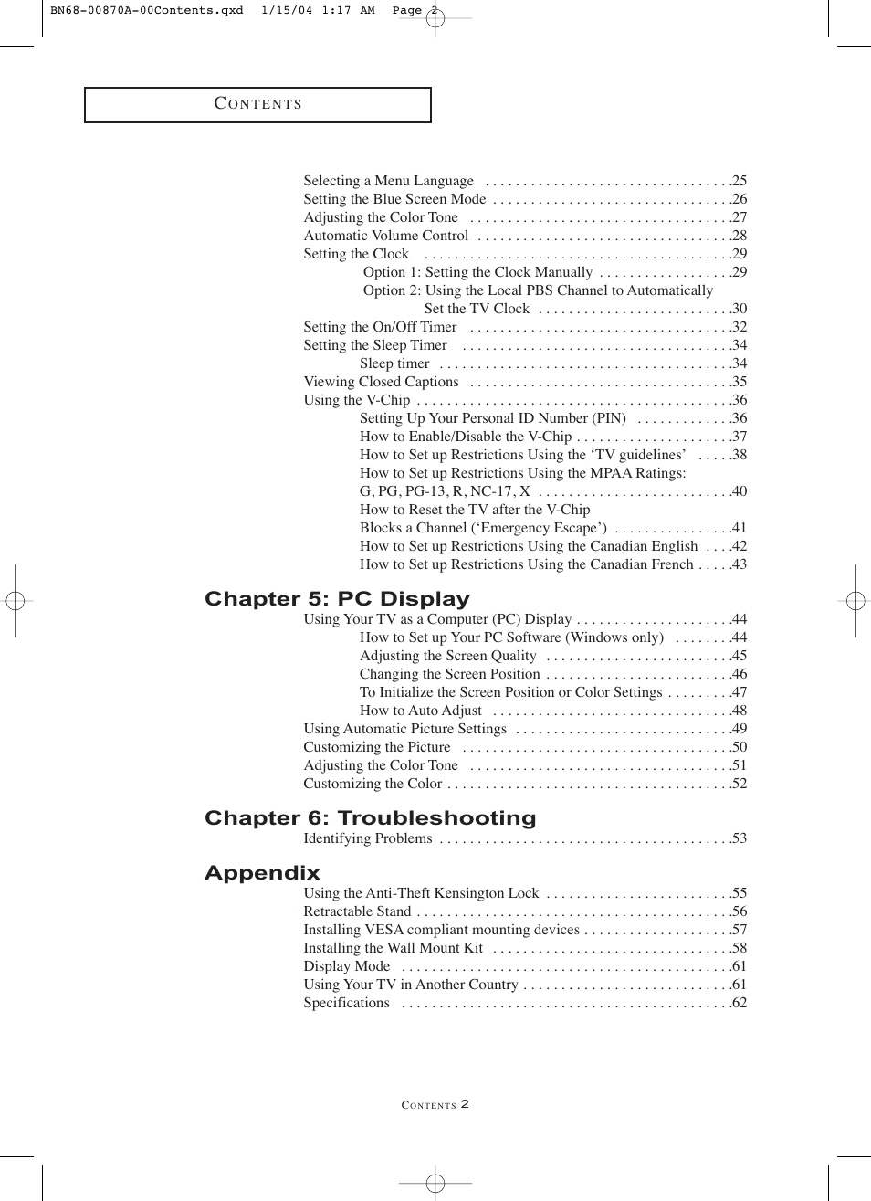 Chapter 5: pc display, Chapter 6: troubleshooting, Appendix | Samsung LNR1742X-XAA User Manual | Page 5 / 66