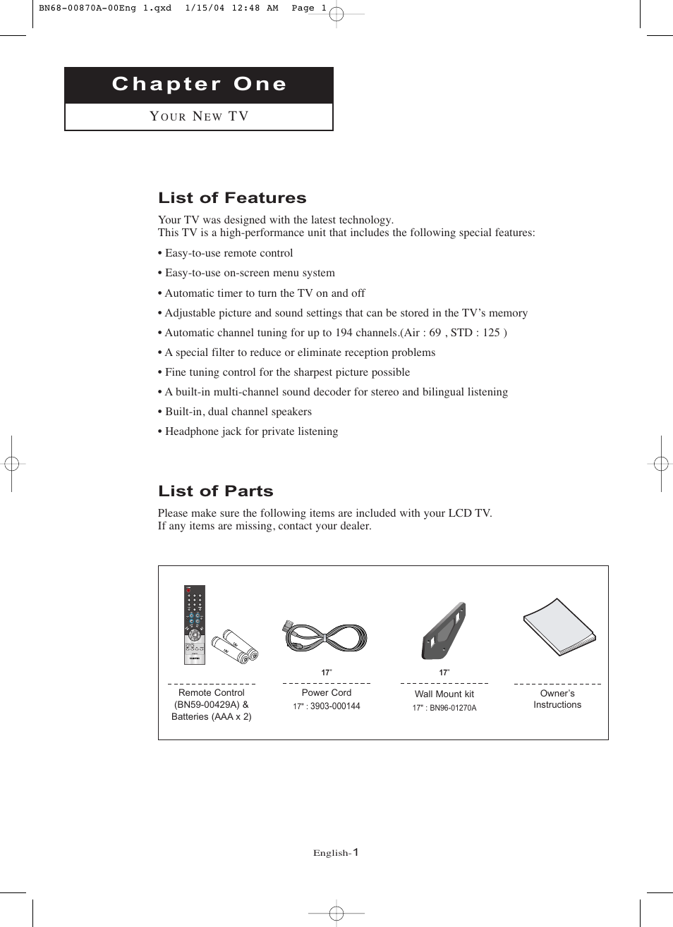 Chapter 1: your new tv, List of features, List of parts | Samsung LNR1742X-XAA User Manual | Page 6 / 66
