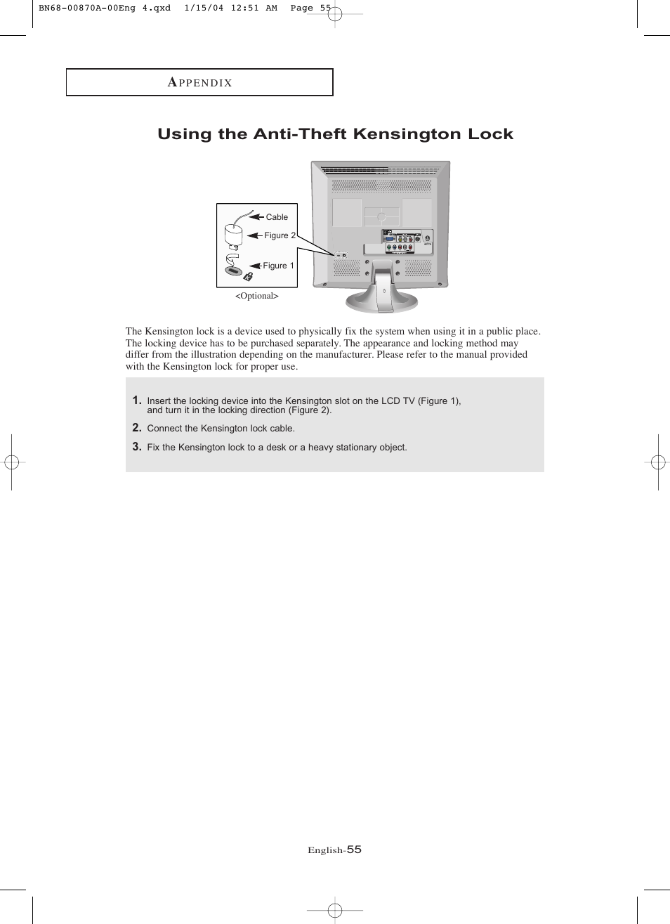 Appendix, Using the anti-theft kensington lock | Samsung LNR1742X-XAA User Manual | Page 60 / 66