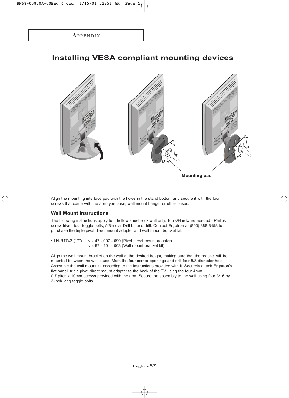 Installing vesa compliant mounting devices | Samsung LNR1742X-XAA User Manual | Page 62 / 66