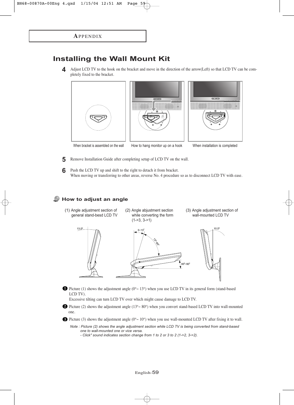 Installing the wall mount kit | Samsung LNR1742X-XAA User Manual | Page 64 / 66