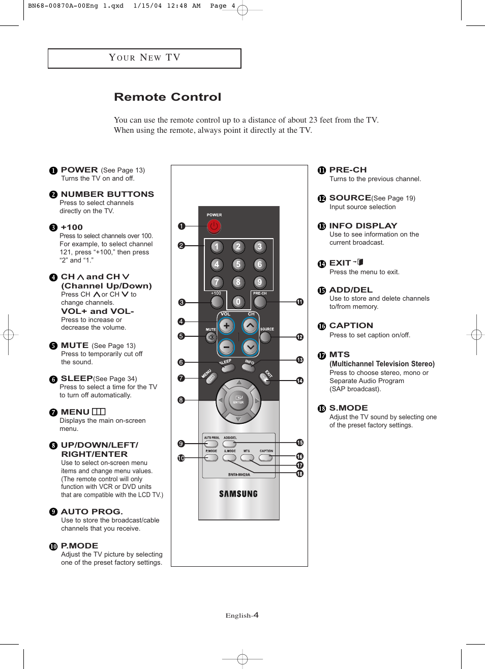 Remote control | Samsung LNR1742X-XAA User Manual | Page 9 / 66