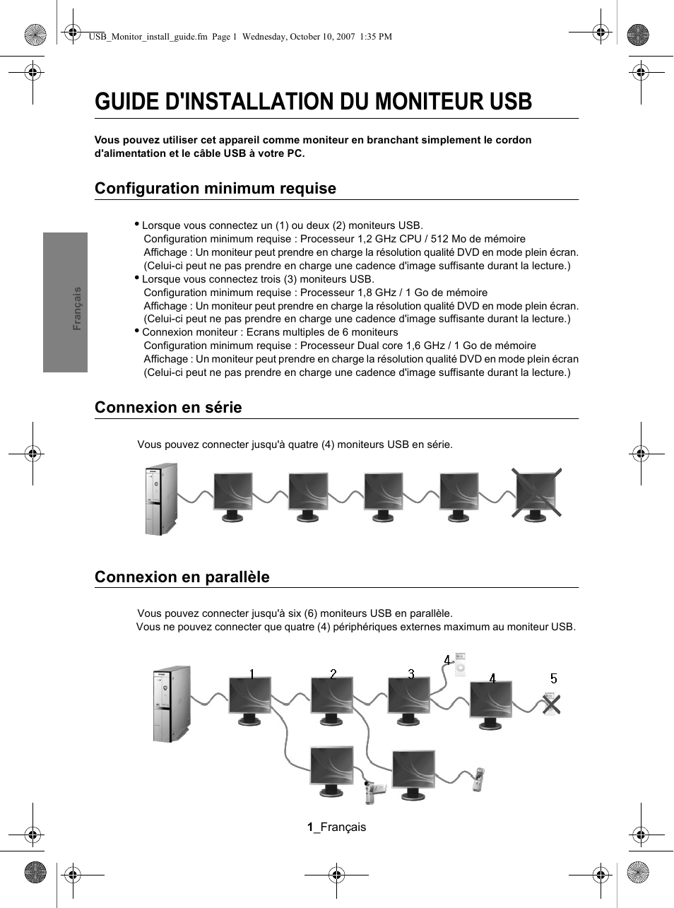 Guide d'installation du moniteur usb, Configuration minimum requise, Connexion en série | Connexion en parallèle, Bei seriellem anschluss, Bei parallelem anschluss, Párhuzamos kapcsolás esetén, Collegamento in serie, Collegamento in parallelo, Po¸¶czenie szeregowe | Samsung LS19UBPEBQ-XAA User Manual | Page 12 / 93