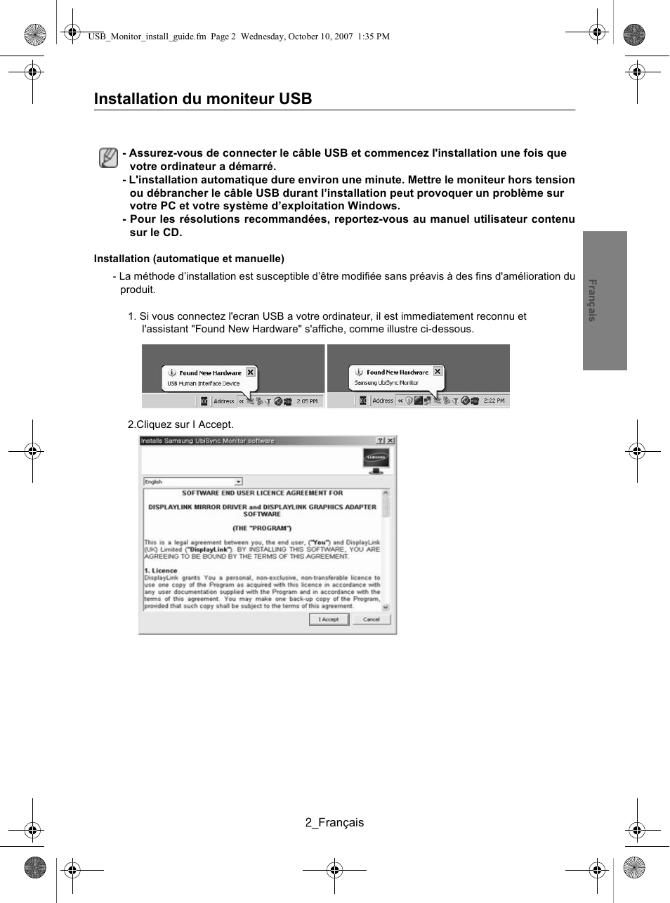 Installation du moniteur usb | Samsung LS19UBPEBQ-XAA User Manual | Page 13 / 93