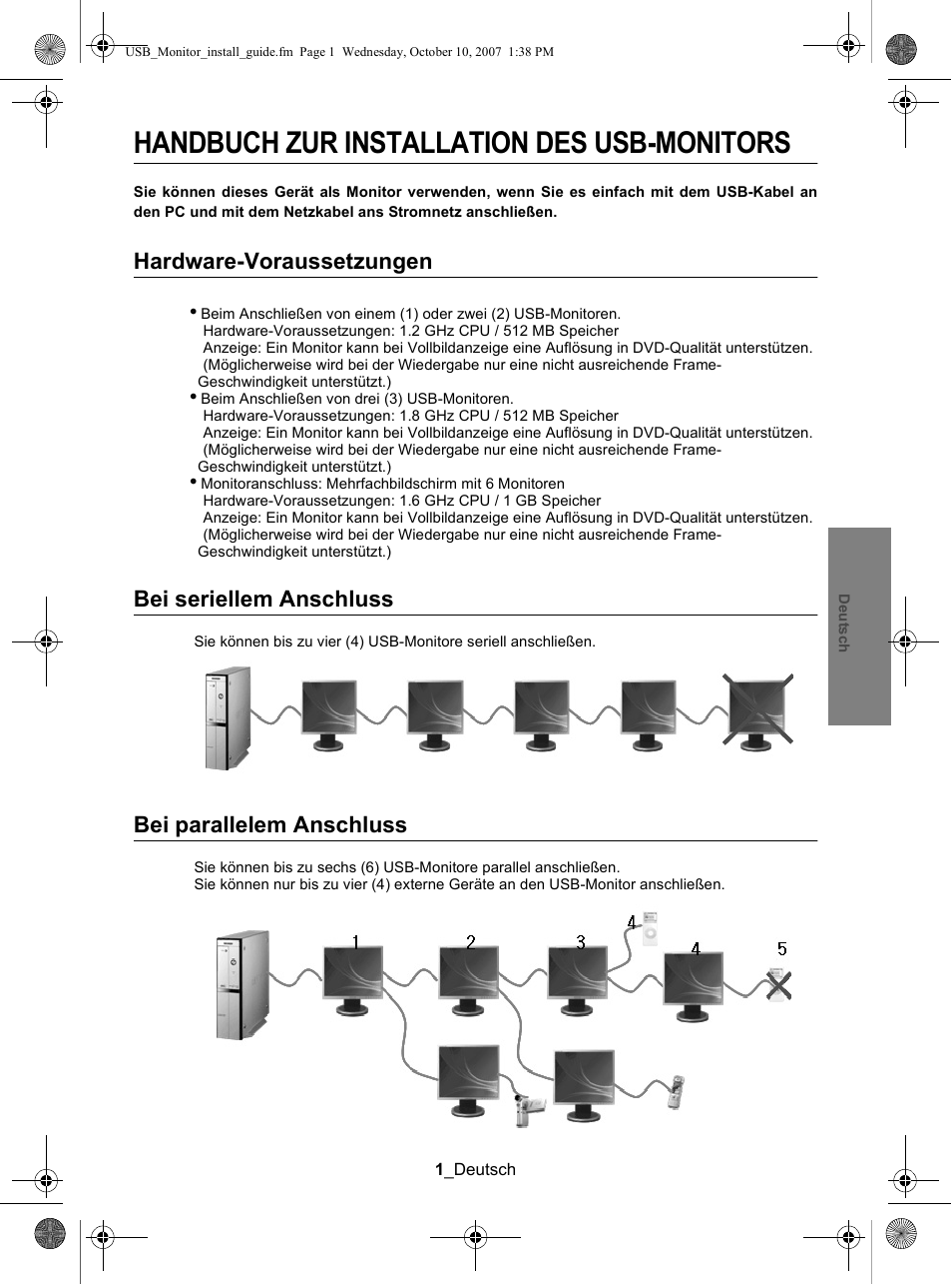 Handbuch zur installation des usb-monitors, Hardware-voraussetzungen, Minimalne wymagania sprzêtowe | Manual de instalação do monitor usb, Requisitos mínimos de hardware, Гуководство по установке монитога usb, Минимальные т²ебованиш к обо²удовани, Installationsguide för usb-monitor, Krav för maskinvara, Bei seriellem anschluss | Samsung LS19UBPEBQ-XAA User Manual | Page 21 / 93