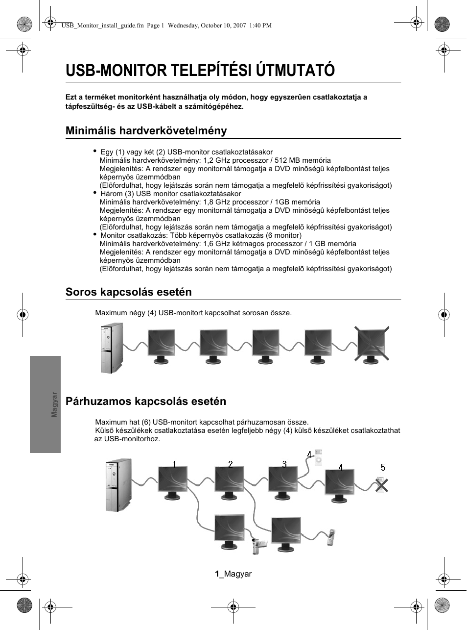 Usb-monitor telepítési útmutató, Minimális hardverkövetelmény, Soros kapcsolás esetén | Párhuzamos kapcsolás esetén | Samsung LS19UBPEBQ-XAA User Manual | Page 30 / 93