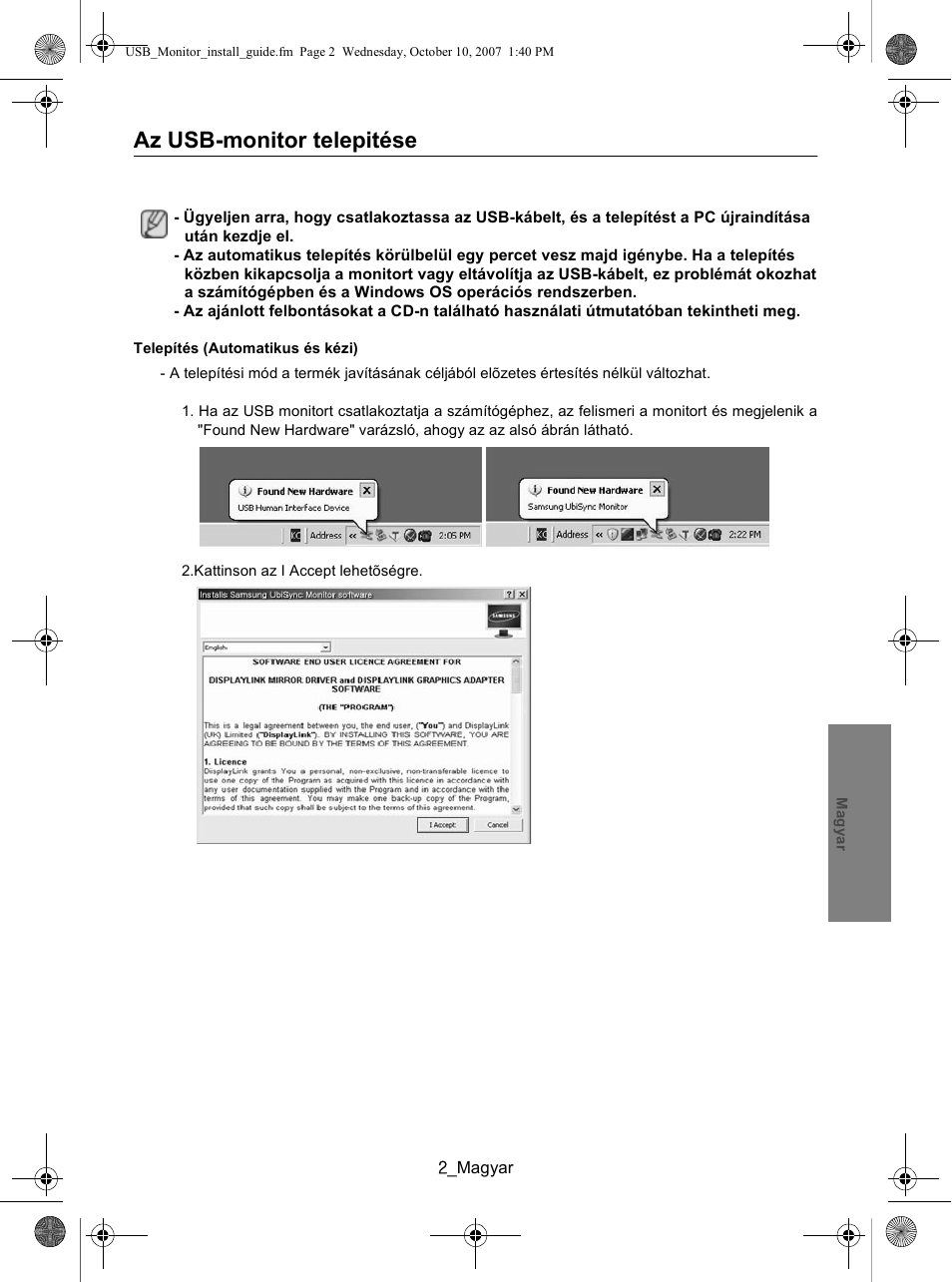 Az usb-monitor telepitése | Samsung LS19UBPEBQ-XAA User Manual | Page 31 / 93