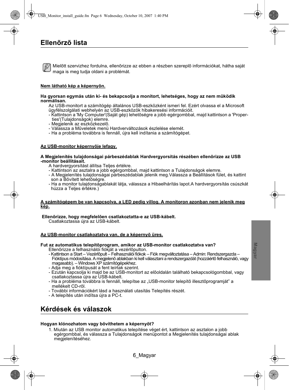 Ellenõrzõ lista, Lista di controllo, Nale¿y sprawdziæ | Lista de verificação, Kontrollista, Kérdések és válaszok | Samsung LS19UBPEBQ-XAA User Manual | Page 35 / 93