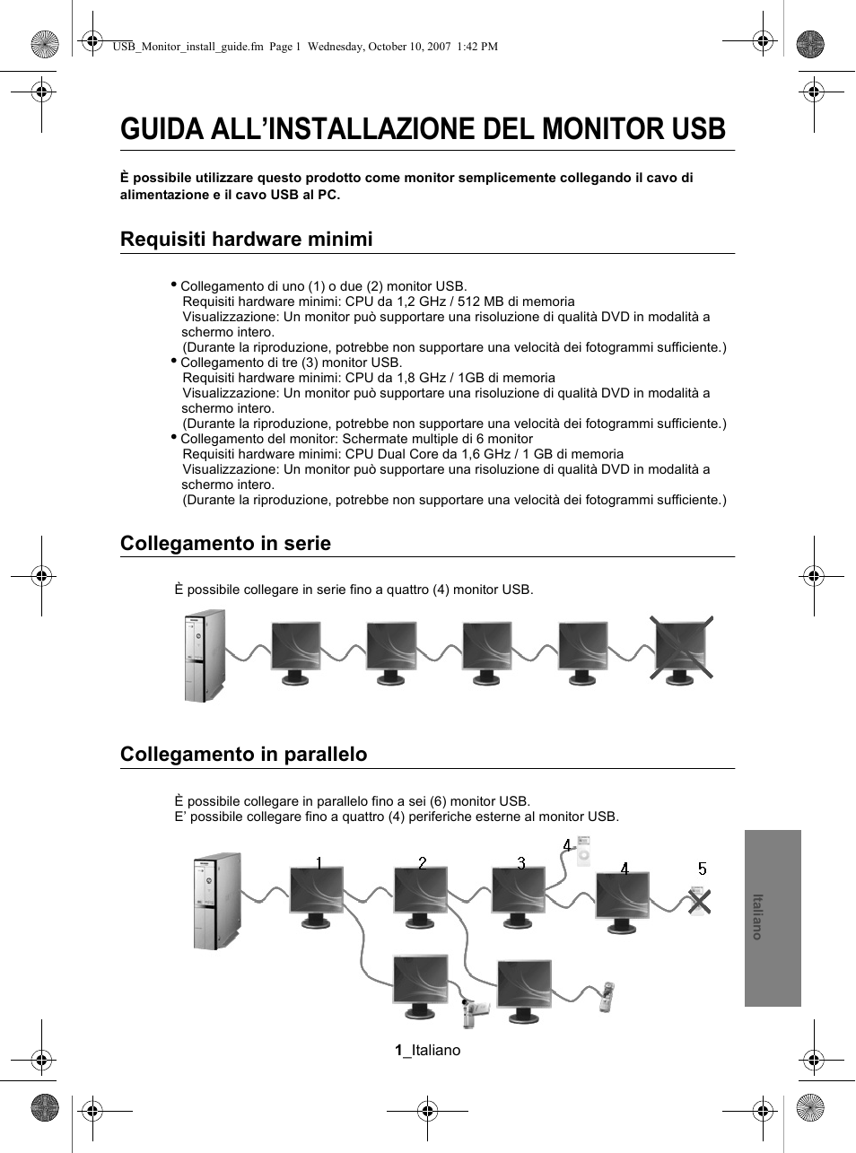 Guida all’installazione del monitor usb, Requisiti hardware minimi, Collegamento in serie | Collegamento in parallelo | Samsung LS19UBPEBQ-XAA User Manual | Page 39 / 93