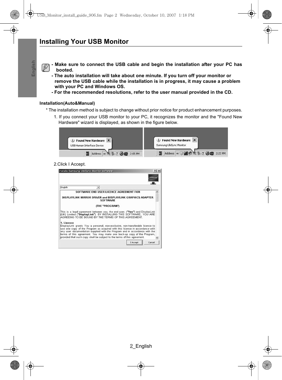 Installing your usb monitor | Samsung LS19UBPEBQ-XAA User Manual | Page 4 / 93