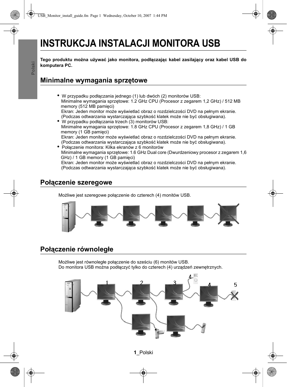 Instrukcja instalacji monitora usb, Minimalne wymagania sprzętowe, Połączenie szeregowe | Połączenie równoległe | Samsung LS19UBPEBQ-XAA User Manual | Page 48 / 93