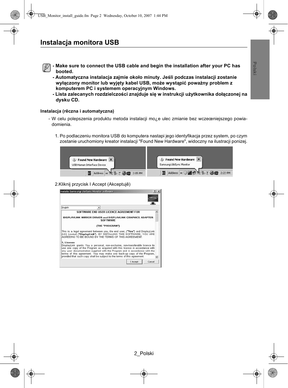 Instalacja monitora usb, Instalación del monitor usb, Installera usb-skärmen | Samsung LS19UBPEBQ-XAA User Manual | Page 49 / 93