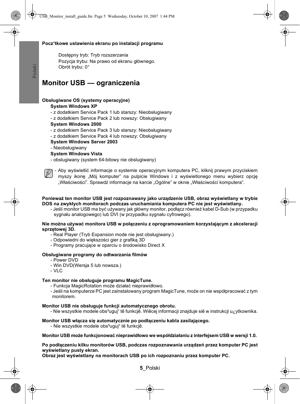 Monitor usb - ograniczenia, Monitor usb — ograniczenia | Samsung LS19UBPEBQ-XAA User Manual | Page 52 / 93