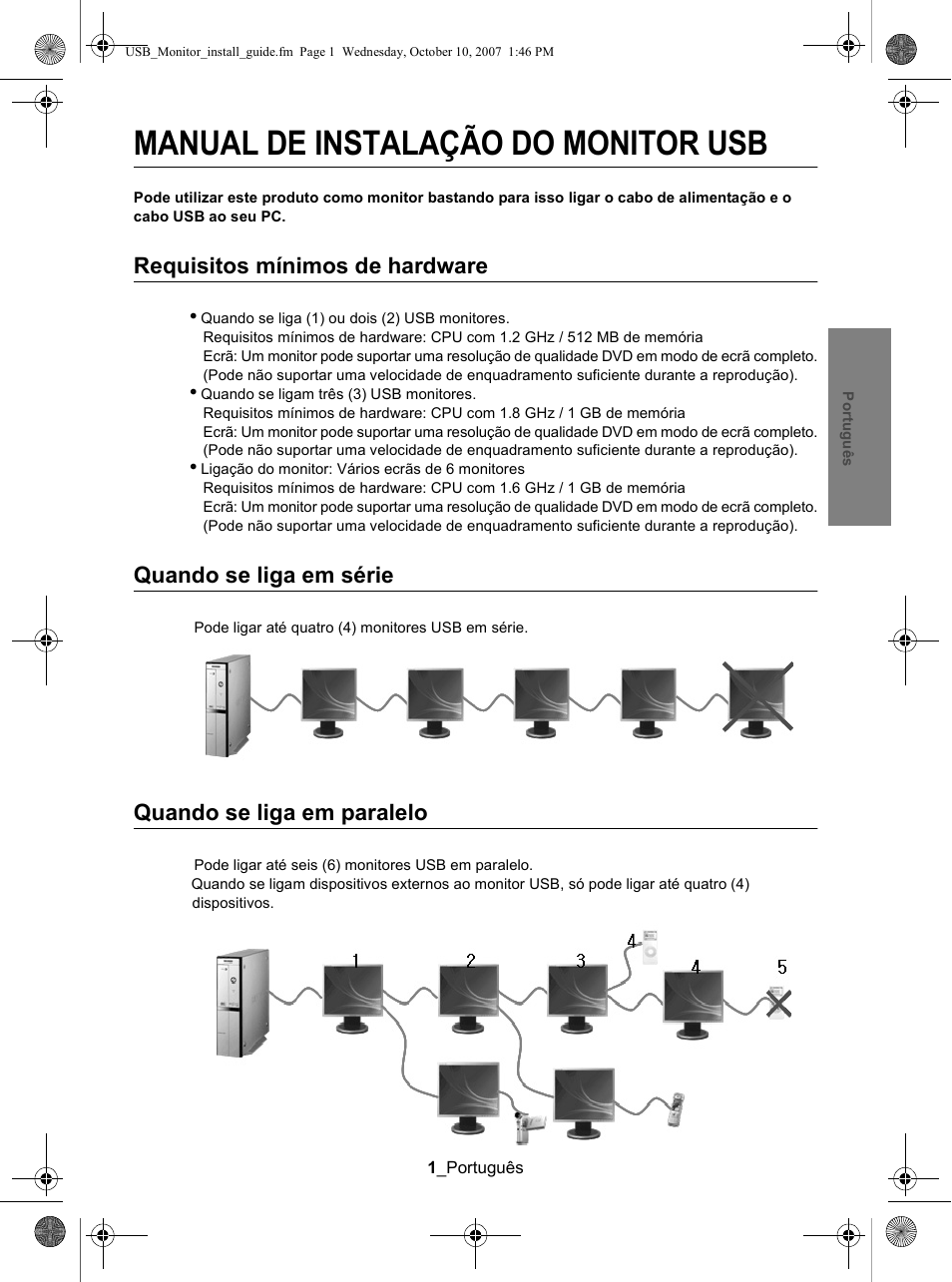 Quando se liga em paralelo, Manual de instalação do monitor usb, Requisitos mínimos de hardware | Quando se liga em série | Samsung LS19UBPEBQ-XAA User Manual | Page 57 / 93