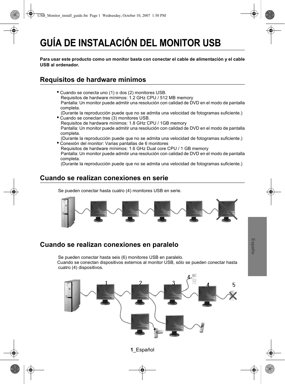 Guía de instalación del monitor usb, Requisitos de hardware mínimos, Cuando se realizan conexiones en serie | Cuando se realizan conexiones en paralelo | Samsung LS19UBPEBQ-XAA User Manual | Page 75 / 93