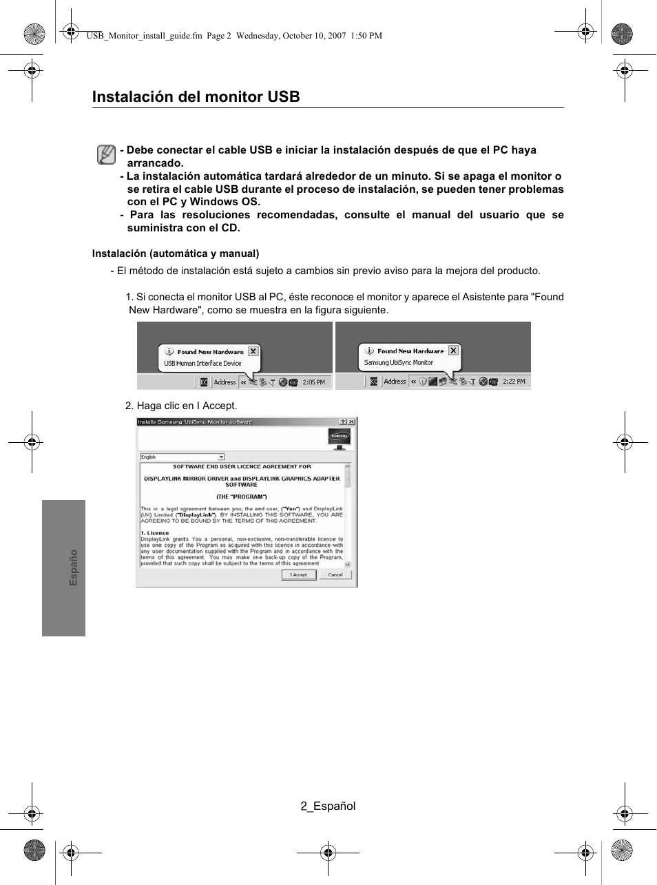 Instalación del monitor usb | Samsung LS19UBPEBQ-XAA User Manual | Page 76 / 93