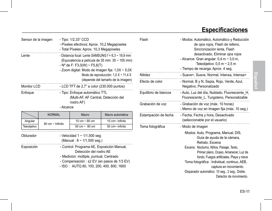 Especificaciones | Samsung EC-SL201SBA-US User Manual | Page 28 / 34