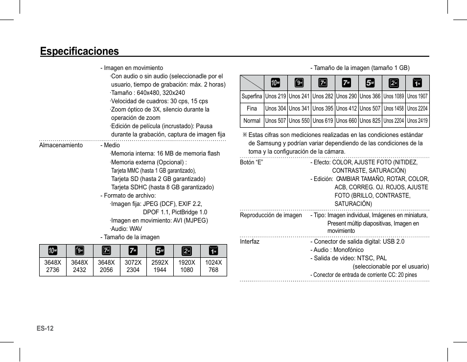 Especificaciones | Samsung EC-SL201SBA-US User Manual | Page 29 / 34