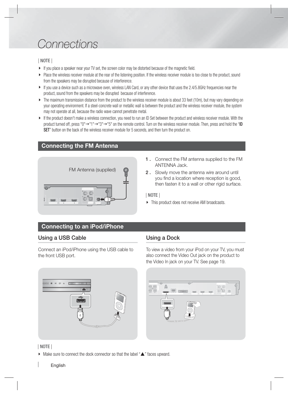 Connecting the fm antenna, Connecting to an ipod/iphone, Connections | Using a usb cable, Using a dock, Fm antenna (supplied), English, 5v 500ma | Samsung HT-E5500W-ZA User Manual | Page 18 / 64