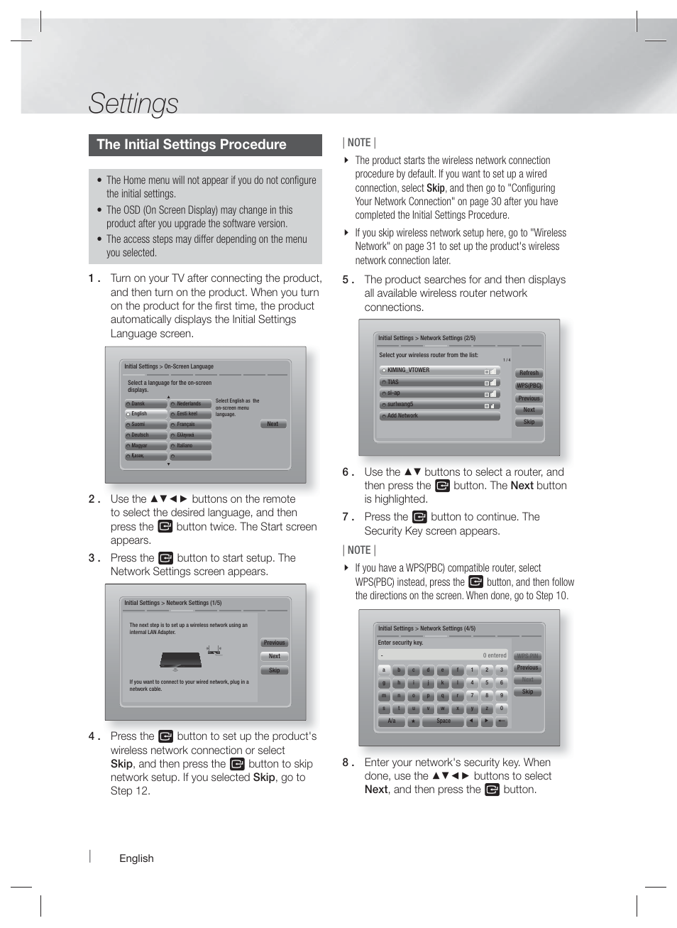 Settings, The initial settings procedure, English | Samsung HT-E5500W-ZA User Manual | Page 22 / 64
