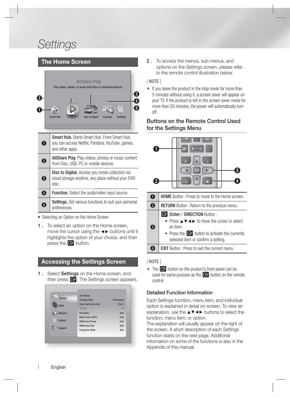 The home screen, Accessing the settings screen, Settings | Samsung HT-E5500W-ZA User Manual | Page 24 / 64