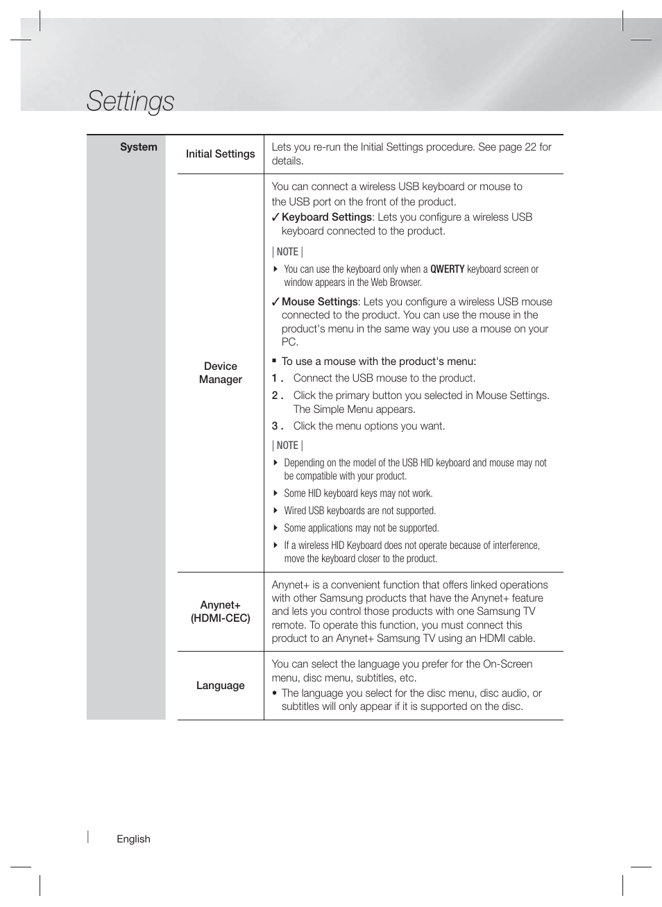 Settings | Samsung HT-E5500W-ZA User Manual | Page 28 / 64