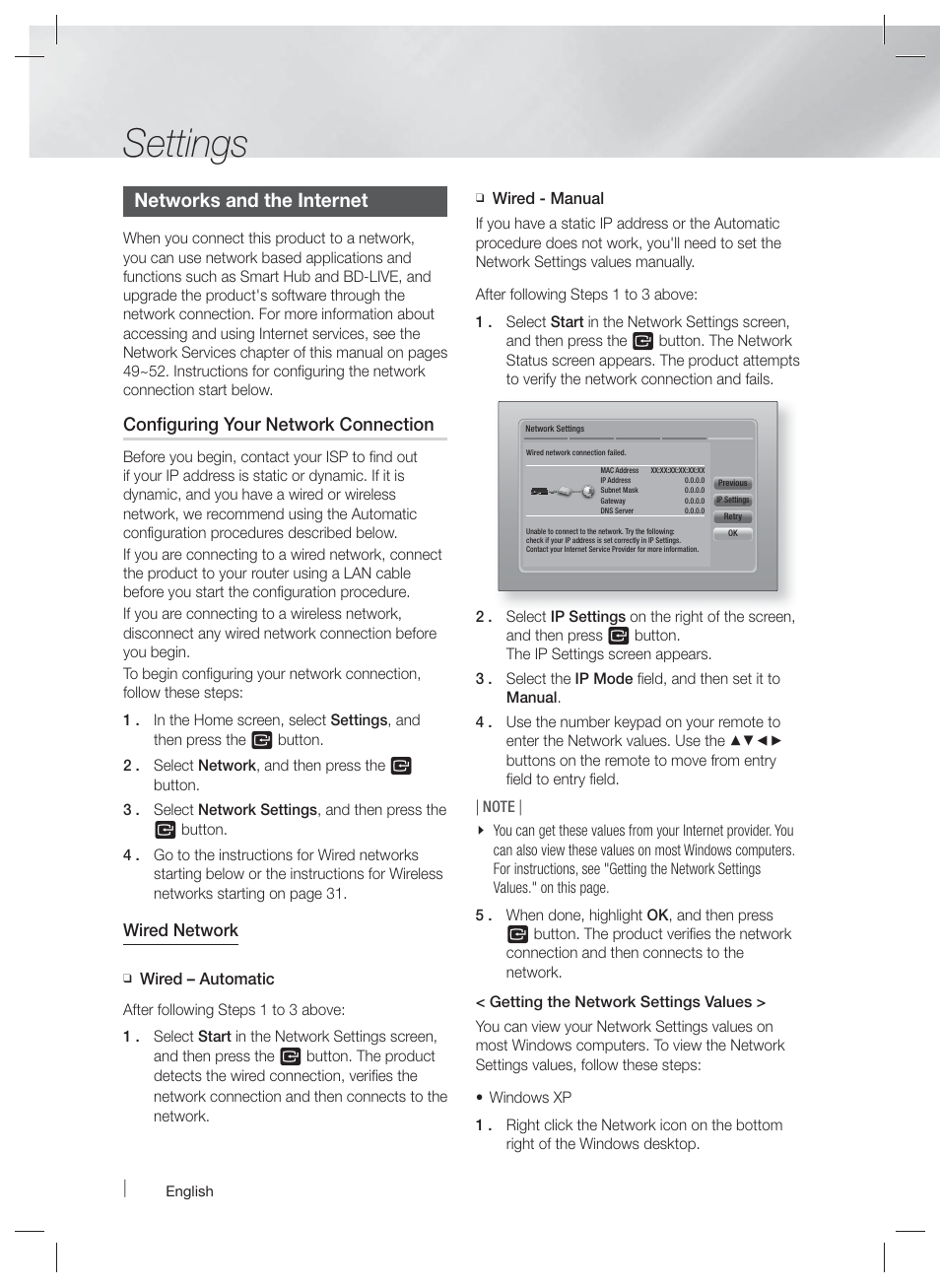 Networks and the internet, Settings, Configuring your network connection | Samsung HT-E5500W-ZA User Manual | Page 30 / 64