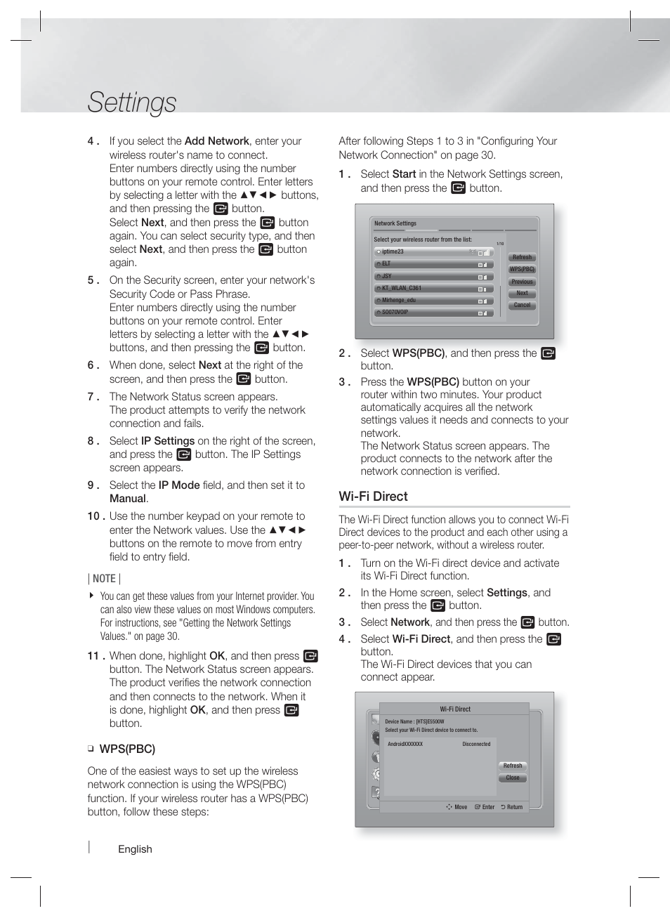 Settings, Wi-fi direct | Samsung HT-E5500W-ZA User Manual | Page 32 / 64