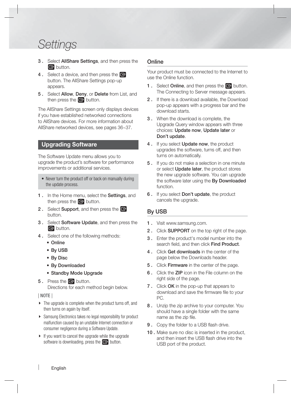 Upgrading software, Settings | Samsung HT-E5500W-ZA User Manual | Page 34 / 64