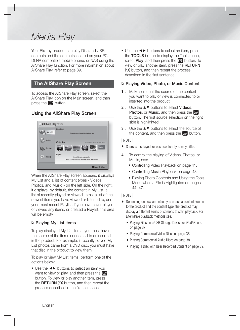 Media play, The allshare play screen, Using the allshare play screen | Samsung HT-E5500W-ZA User Manual | Page 36 / 64