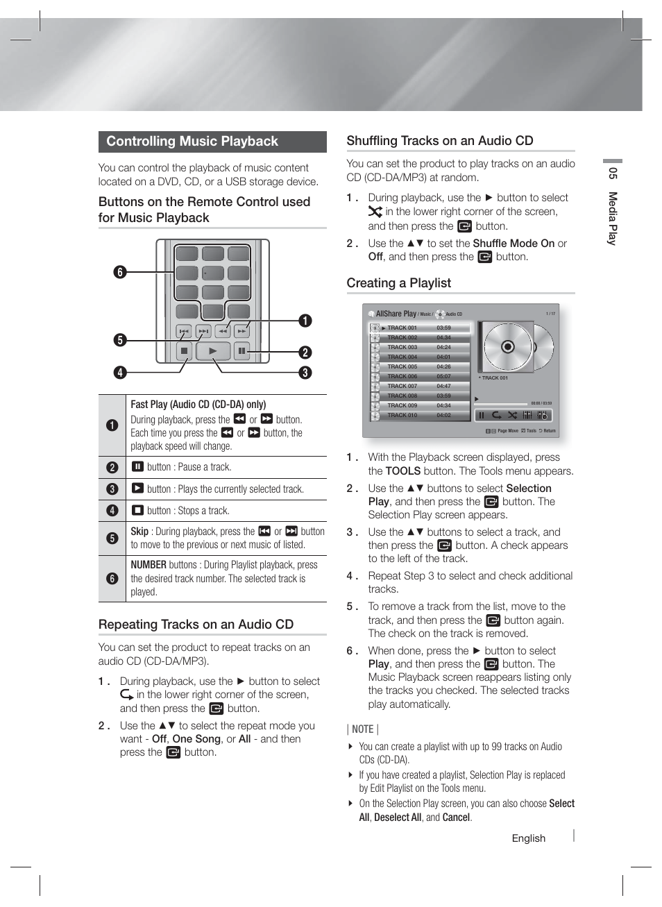 Controlling music playback, Repeating tracks on an audio cd, Shuffling tracks on an audio cd | Creating a playlist | Samsung HT-E5500W-ZA User Manual | Page 43 / 64