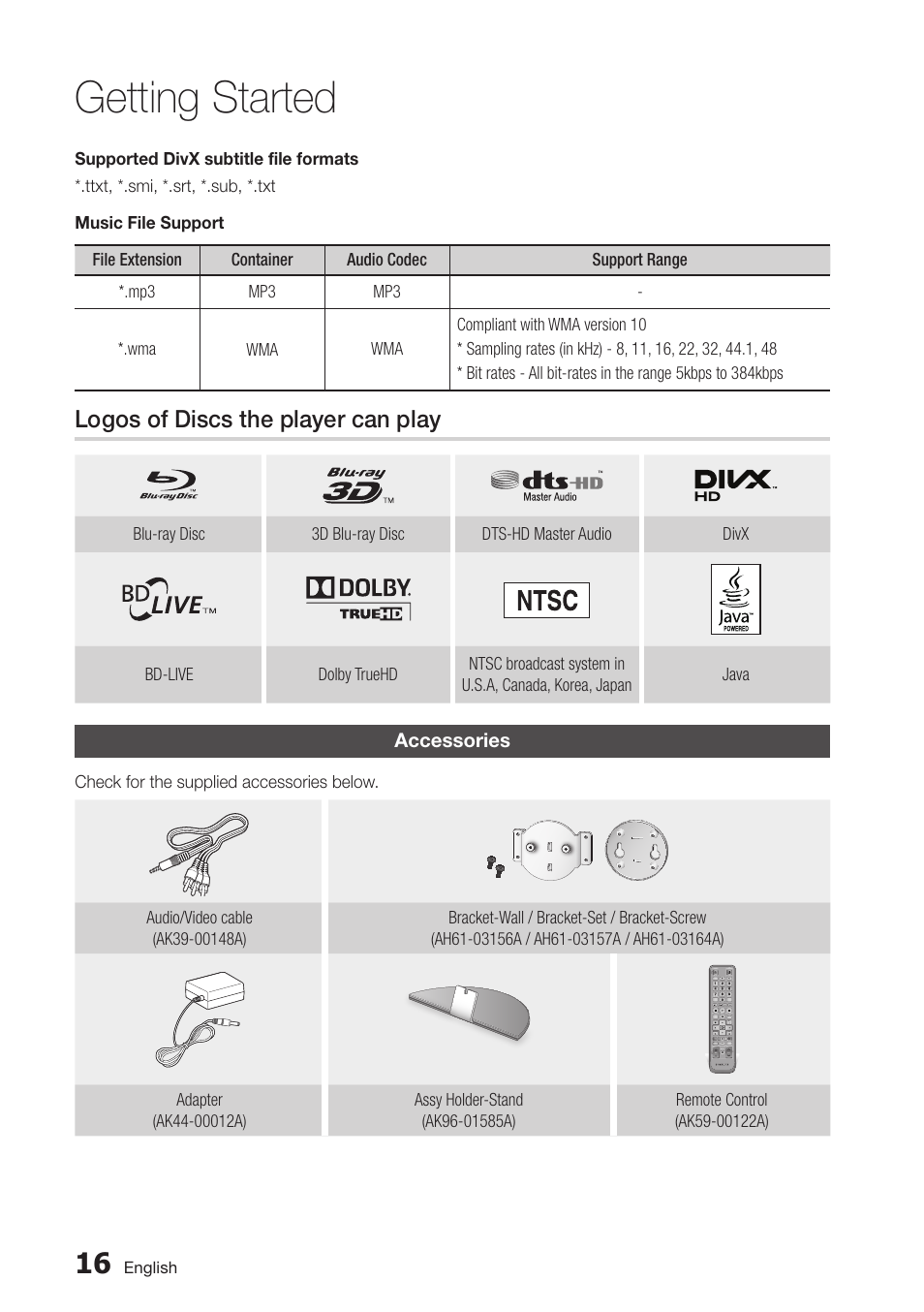 Logos of discs the player can play, Accessories, 16 accessories | Getting started | Samsung BD-D7500-ZA User Manual | Page 16 / 84