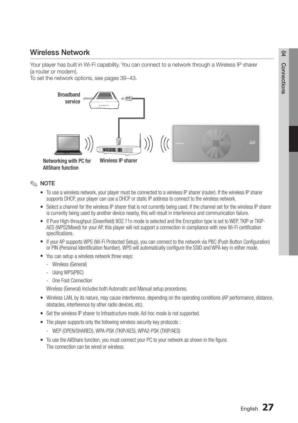 Wireless network | Samsung BD-D7500-ZA User Manual | Page 27 / 84