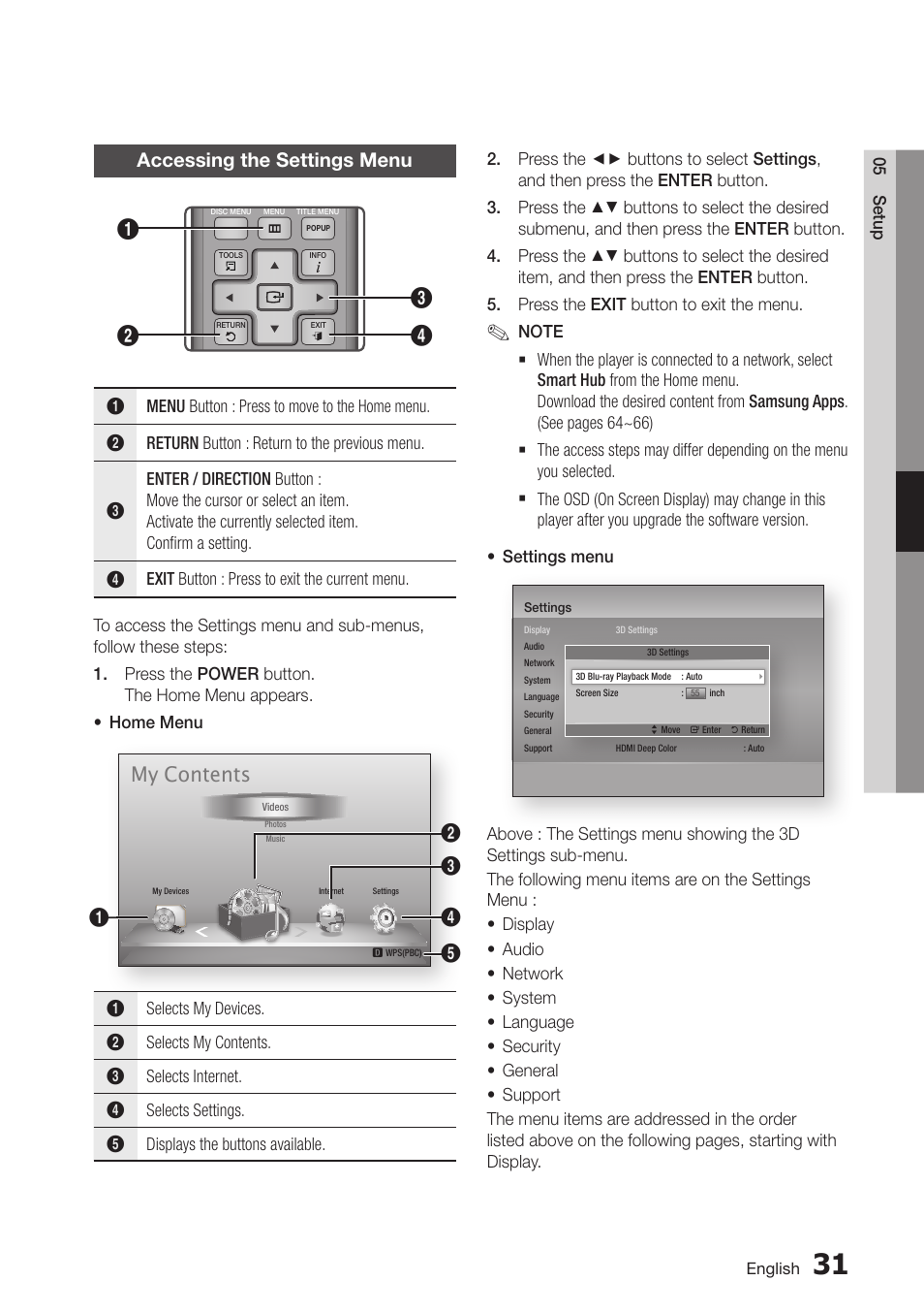 Accessing the settings menu, 31 accessing the settings menu, My contents | Samsung BD-D7500-ZA User Manual | Page 31 / 84