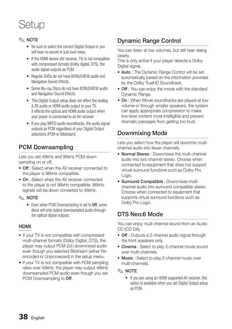 Pcm downsampling, Dynamic range control, Downmixing mode | Dts neo:6 mode, Setup | Samsung BD-D7500-ZA User Manual | Page 38 / 84