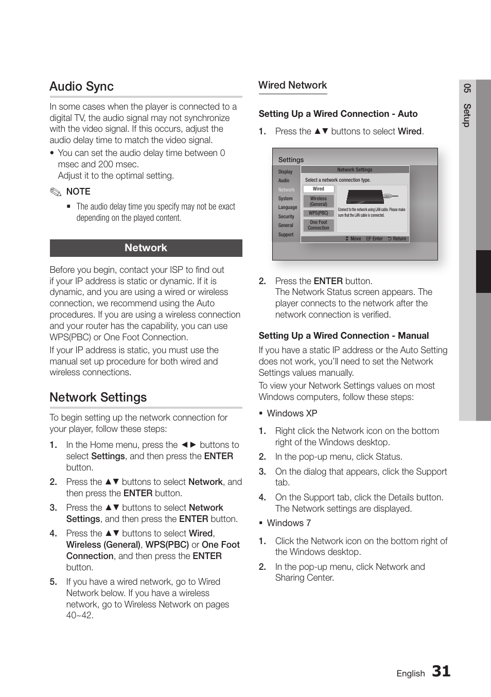 Audio sync, Network, Network settings | 39 network | Samsung BD-D7500-ZA User Manual | Page 39 / 84