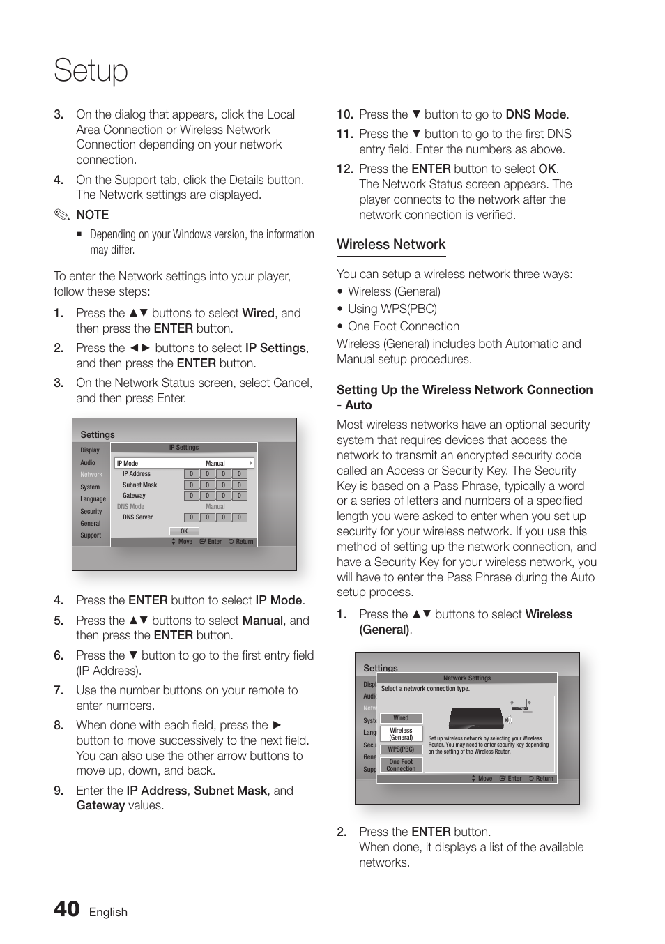 Setup, Wireless network | Samsung BD-D7500-ZA User Manual | Page 40 / 84