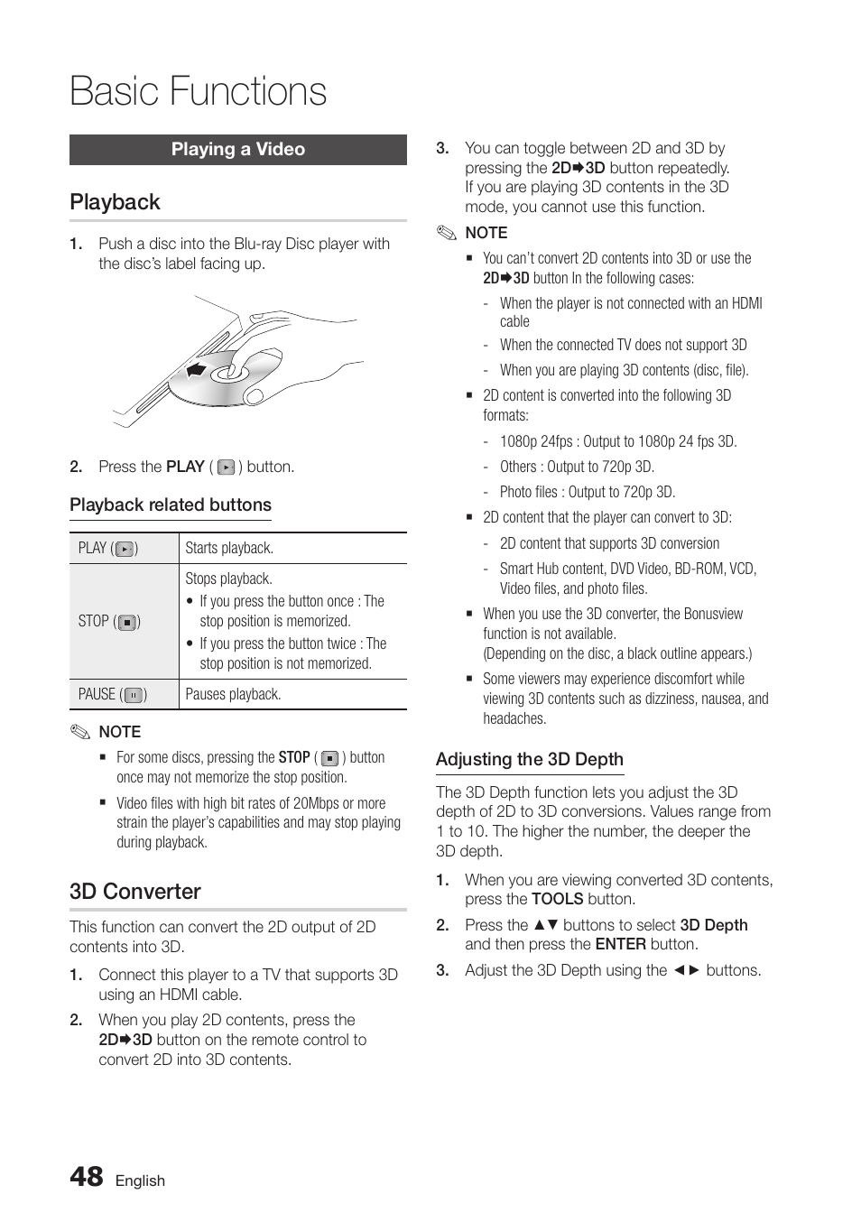 Basic functions, Playing a video, Playback | 3d converter, 48 playing a video, 48 playback | Samsung BD-D7500-ZA User Manual | Page 48 / 84