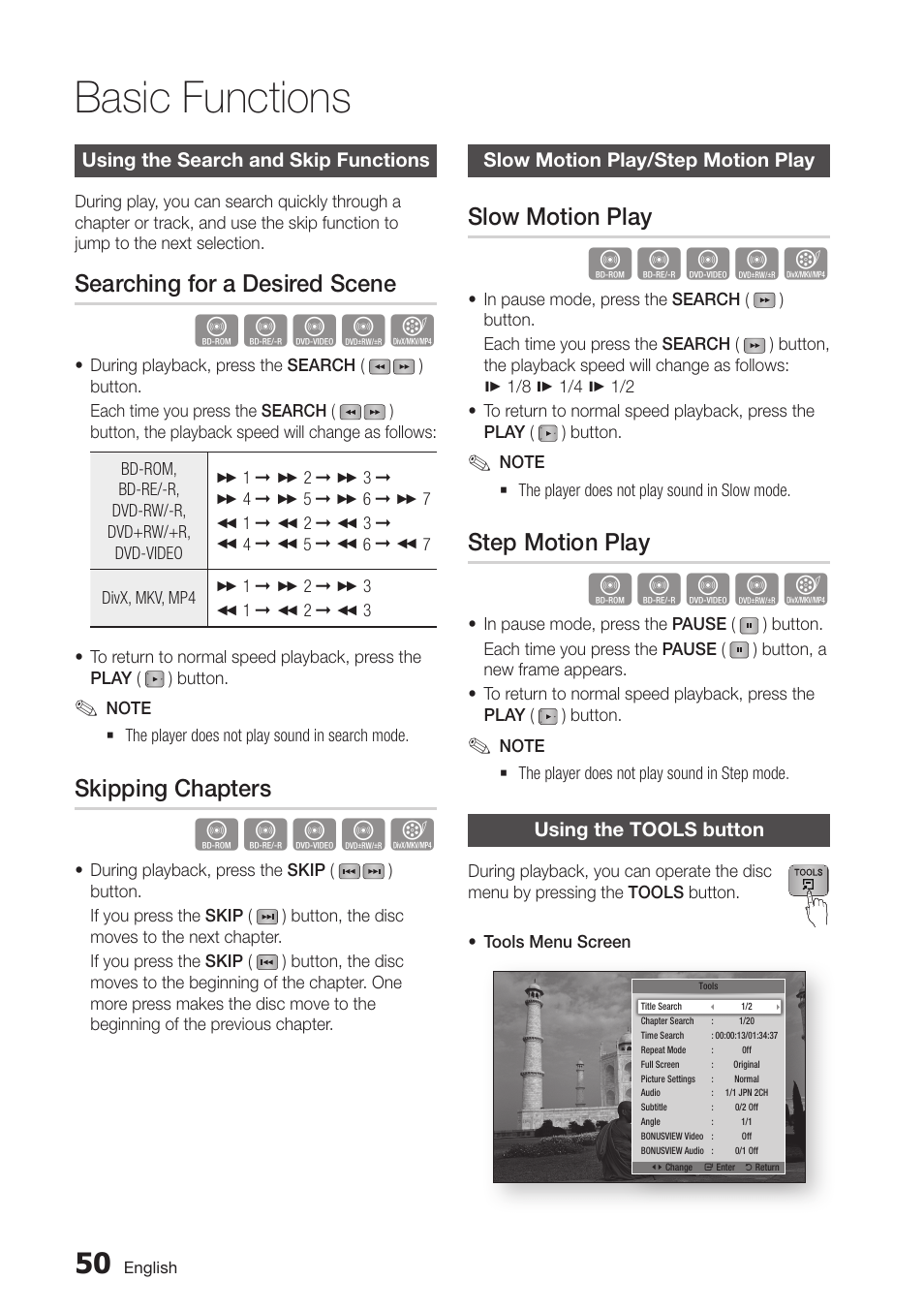 Using the search and skip functions, Searching for a desired scene, Skipping chapters | Slow motion play/step motion play, Slow motion play, Step motion play, Using the tools button, 50 using the search and skip functions, 50 slow motion play/step motion play, 50 using the tools button | Samsung BD-D7500-ZA User Manual | Page 50 / 84