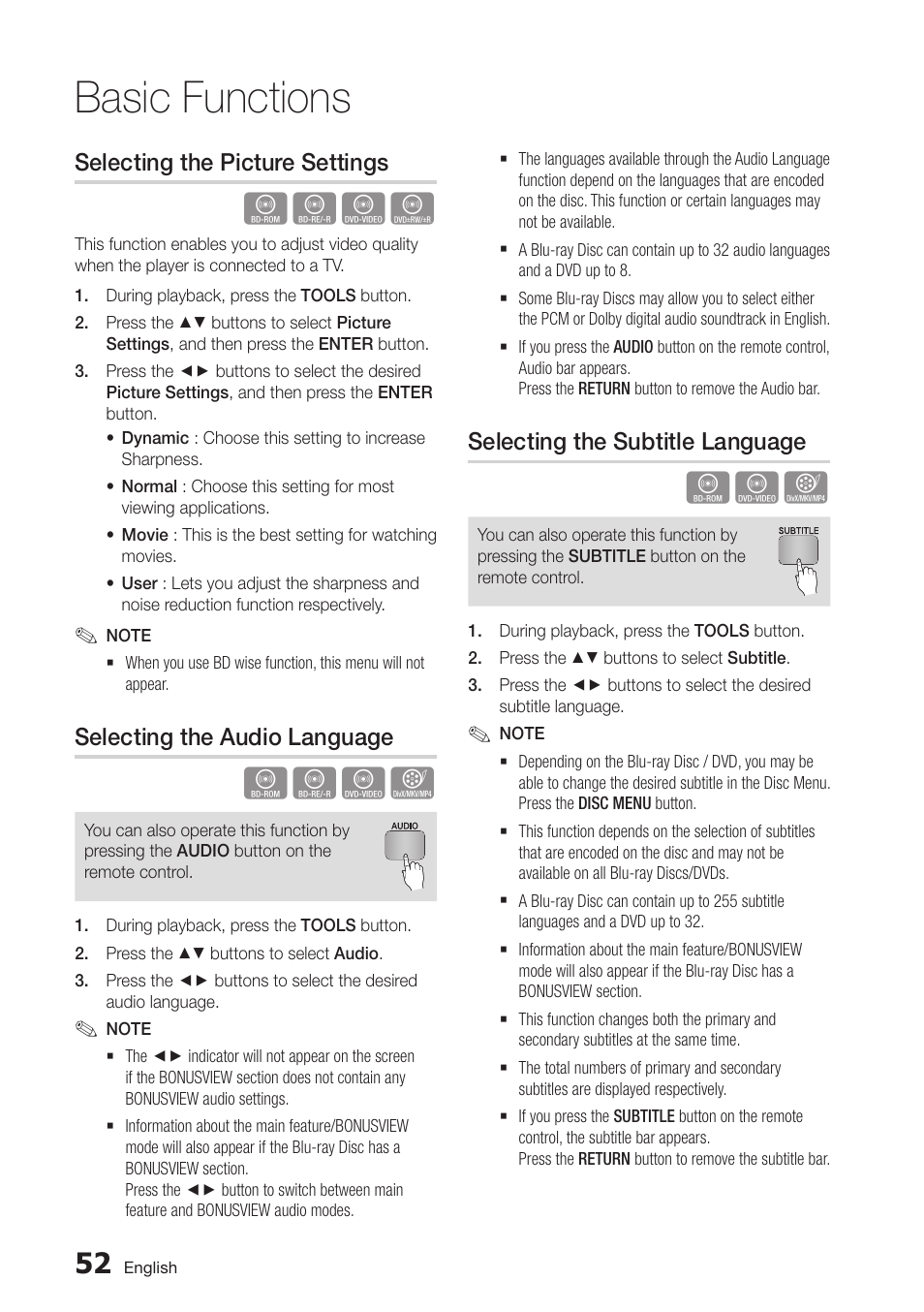 Selecting the picture settings, Selecting the audio language, Selecting the subtitle language | Basic functions | Samsung BD-D7500-ZA User Manual | Page 52 / 84
