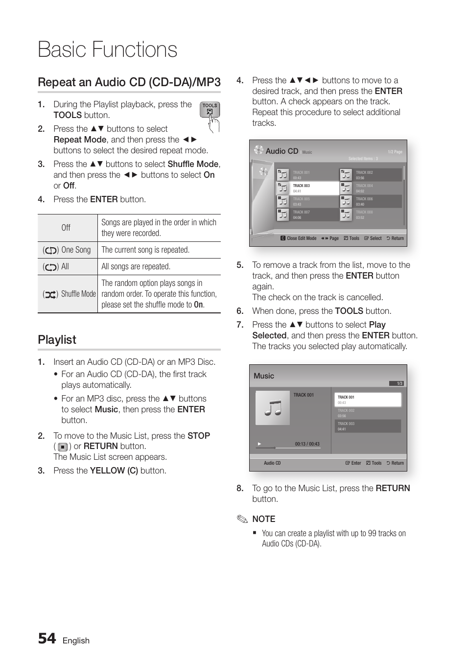 Repeat an audio cd (cd-da)/mp3, Playlist, 54 playlist | Basic functions | Samsung BD-D7500-ZA User Manual | Page 54 / 84