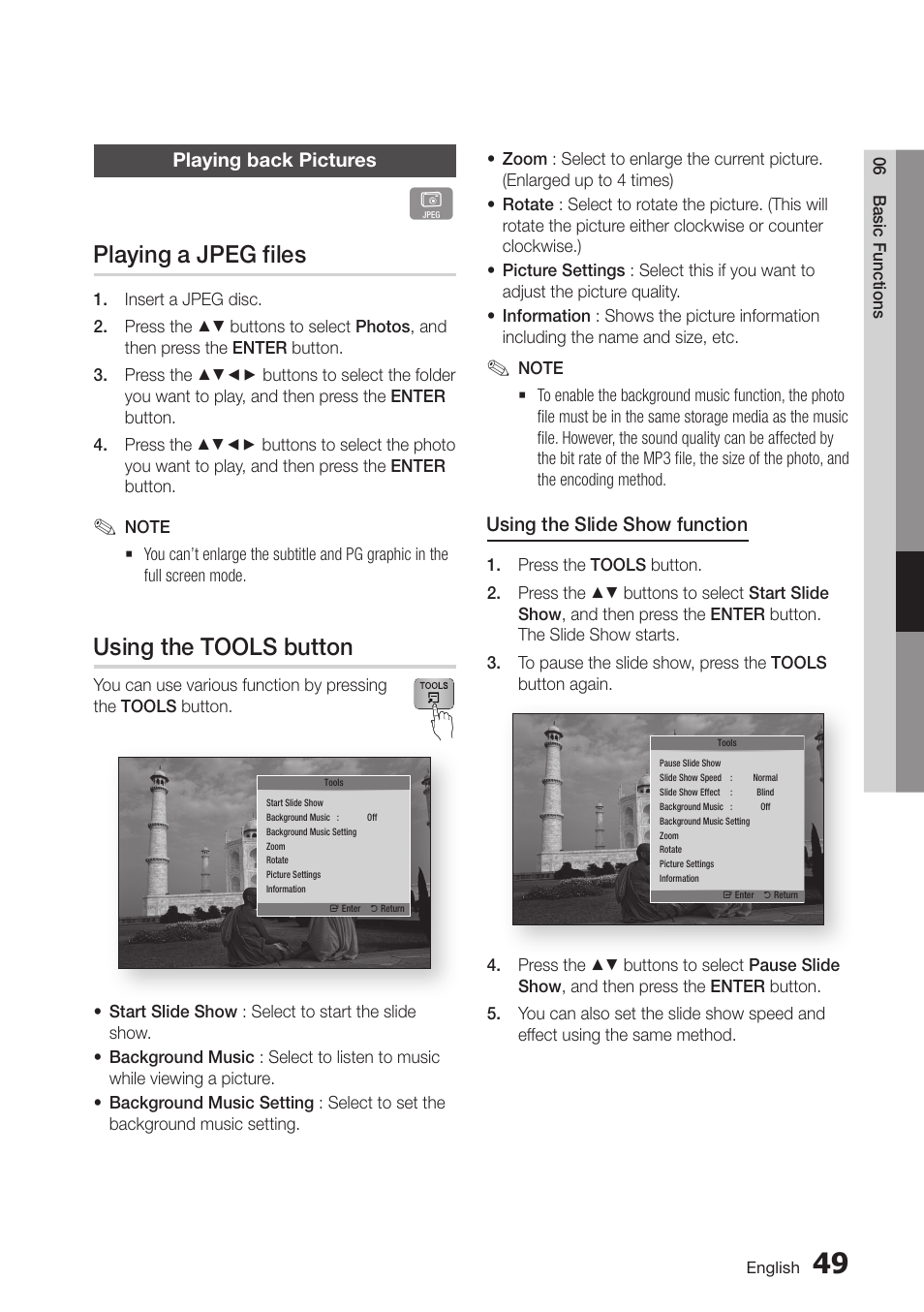 Playing back pictures, Playing a jpeg files, Using the tools button | 55 playing back pictures | Samsung BD-D7500-ZA User Manual | Page 55 / 84