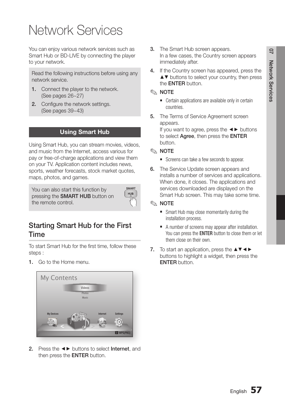 Network services, Using smart hub, Starting smart hub for the first time | 57 using smart hub | Samsung BD-D7500-ZA User Manual | Page 57 / 84