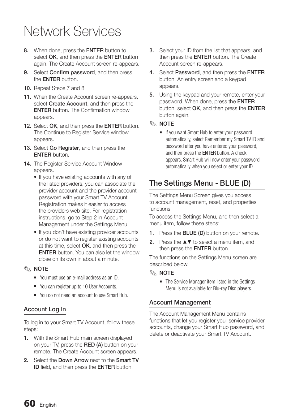 The settings menu - blue (d), Network services | Samsung BD-D7500-ZA User Manual | Page 60 / 84