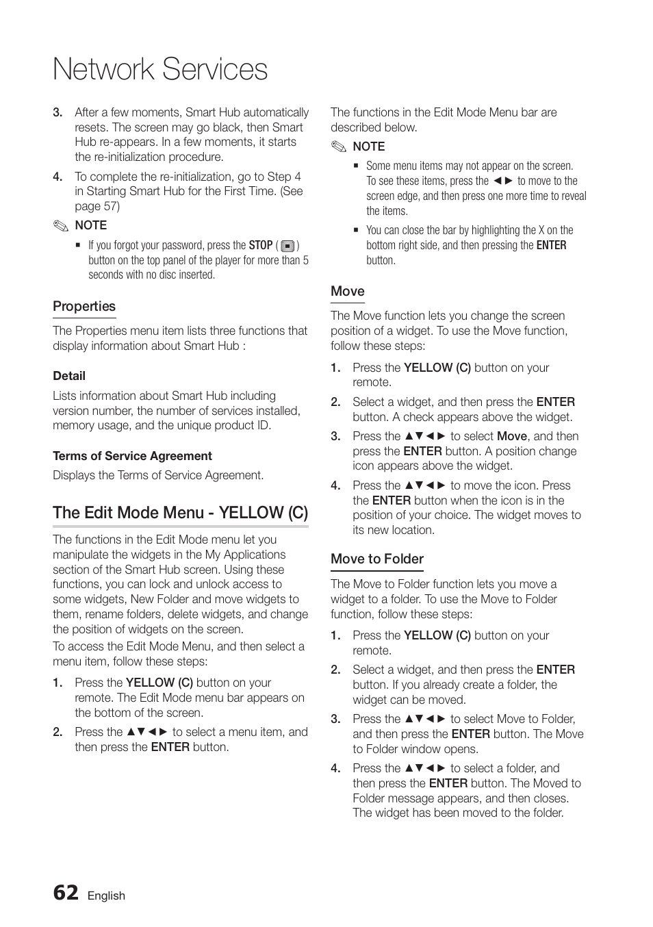 The edit mode menu - yellow (c), Network services | Samsung BD-D7500-ZA User Manual | Page 62 / 84