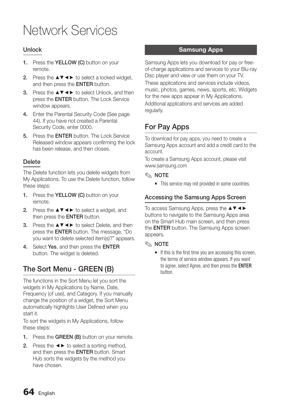 The sort menu - green (b), Samsung apps, For pay apps | 64 samsung apps, Network services | Samsung BD-D7500-ZA User Manual | Page 64 / 84